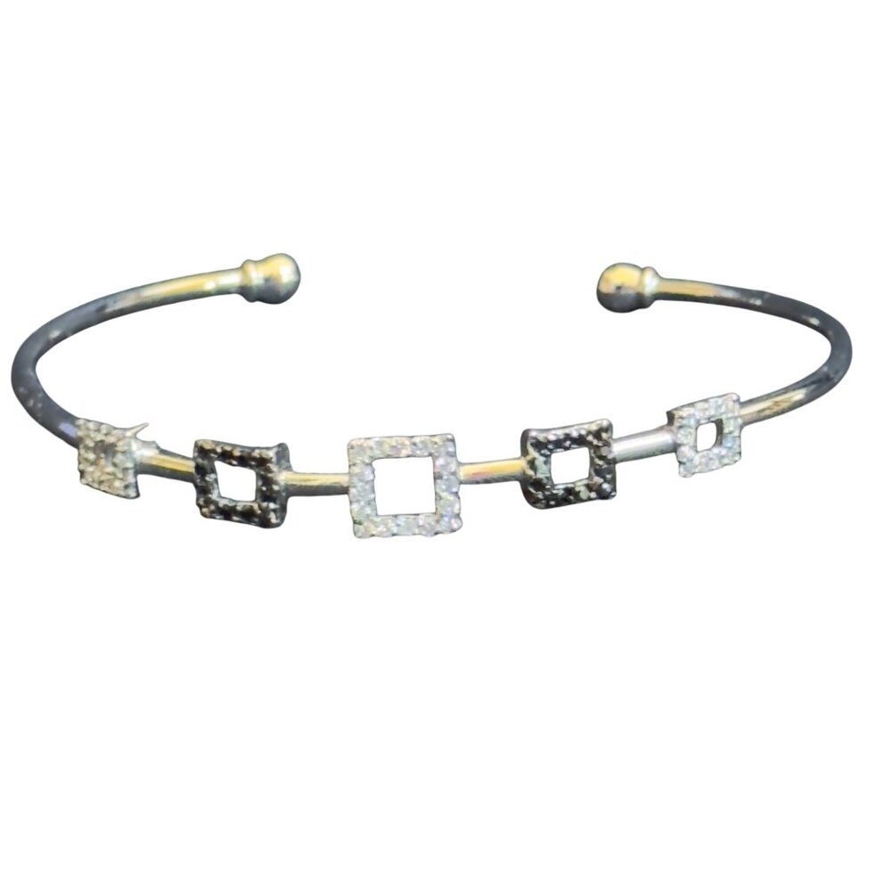 Vernier Silver-Tone Open Cuff Bracelet With Black & White Square Accents